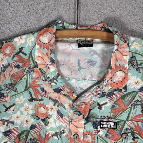 Springfield Armory Hawaiian Shirt Mens Size M Teal Gun American Flag AOP Bullpup - Picture 6 of 16